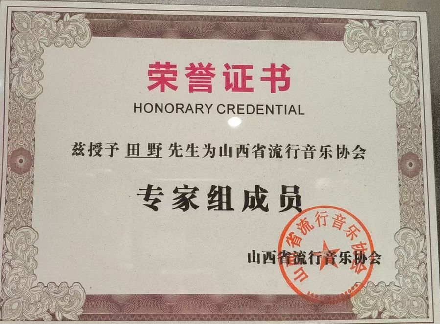 山西省流行音乐协会专家组成员证书